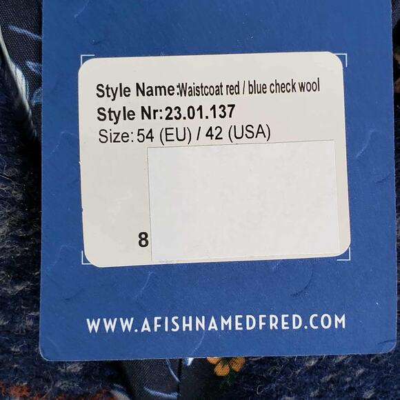 A Fish Named Fred Vest Wool Plaid Waistcoat Blue Grey Check Size 42 Mens New - Picture 8 of 13